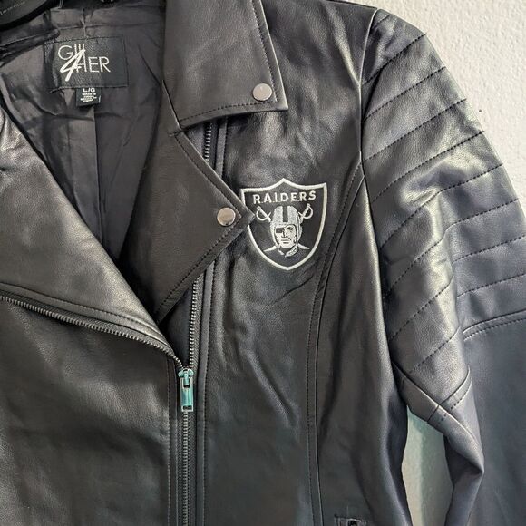 Raiders NFL Las Vegas Black Faux Leather Moto Zip Jacket Womens L NWOT - Picture 4 of 9